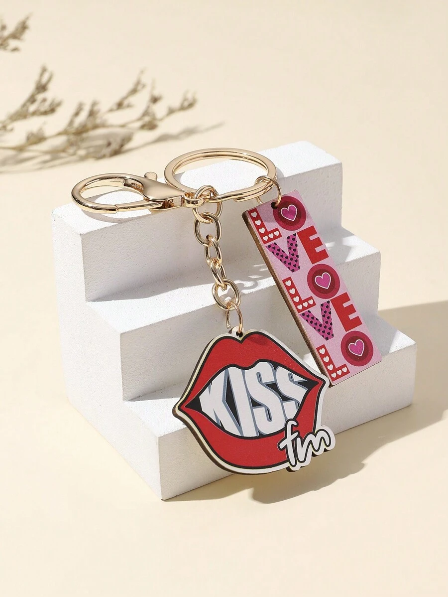 情人節新產品可愛鑰匙扣diy手工製作-唇形親吻+愛字母木質吊墜鑰匙扣,愛人和朋友的創意禮物,女友、節日禮物,適合手機和汽車配件 - 彩色 - 查看 1