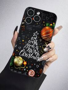 1pc Letter & Christmas Tree Pattern Black Tpu Phone Case With Matte Texture Edge Full Protection, Dustproof And Waterproof, Christmas Themed, Compatible With IPhone 7/8/11/12/13/14/15/X/Xr/Xs/Plus/Pro/Pro Max/Se2/Mini Series - Multicolor - View 3