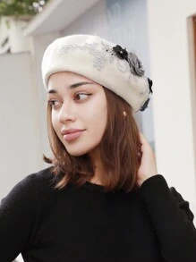 1pc Simple Vintage Embroidered 3d Flower Wool Beret Hat For Autumn/winter Daily Wear - Apricot - View 8