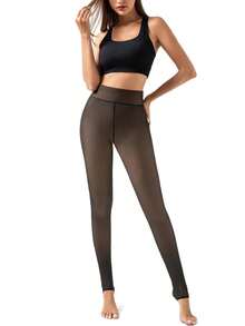 1pc Mid-Weight Soft & Warm Stretchy Tight-Fit Pants, Ankle-Length For Fall/Winter - Black - View 3