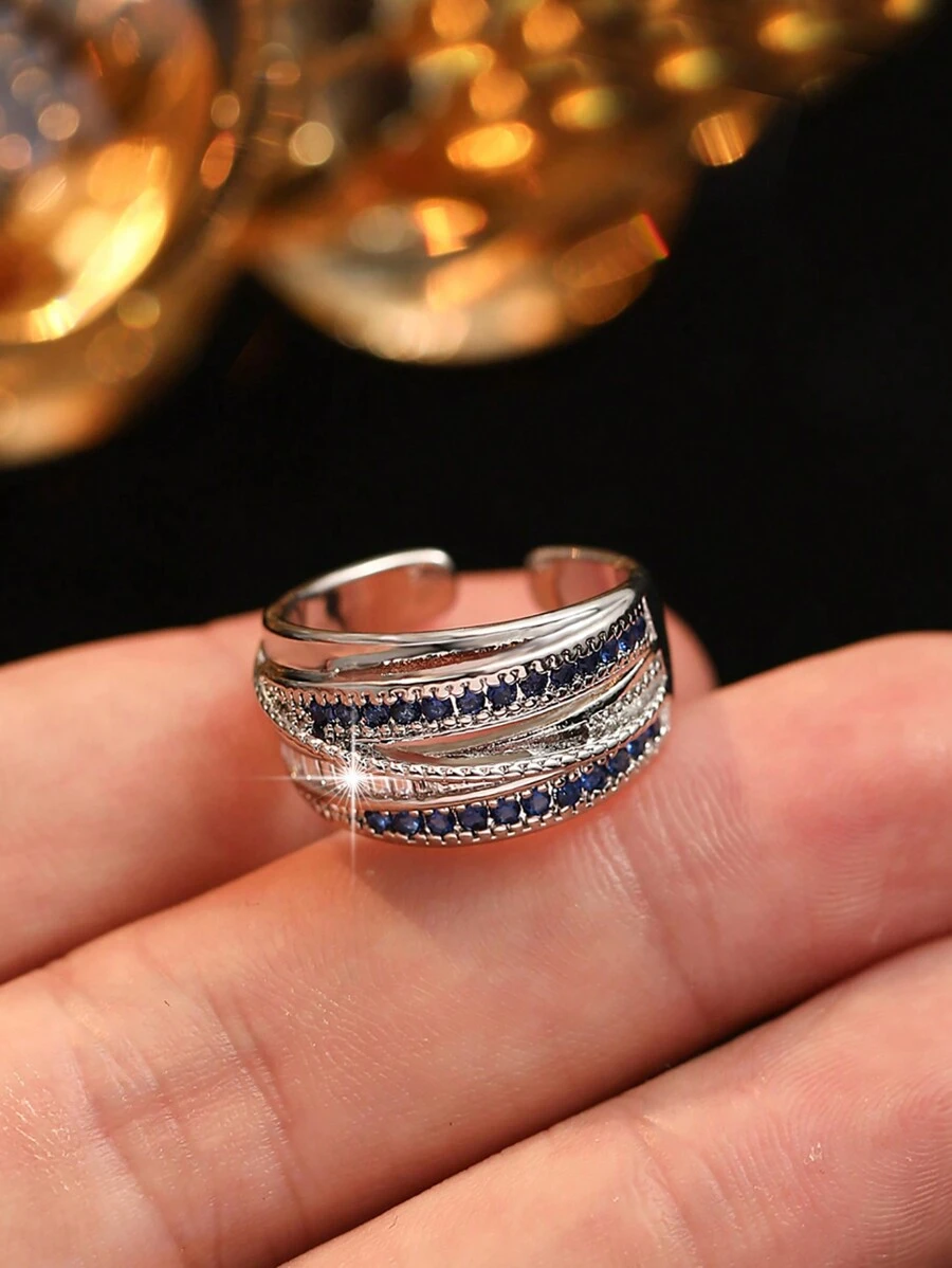 jealous young 1枚多层锆石开口戒指，适合女性和女孩日常佩戴 - 藍色 - 查看 1