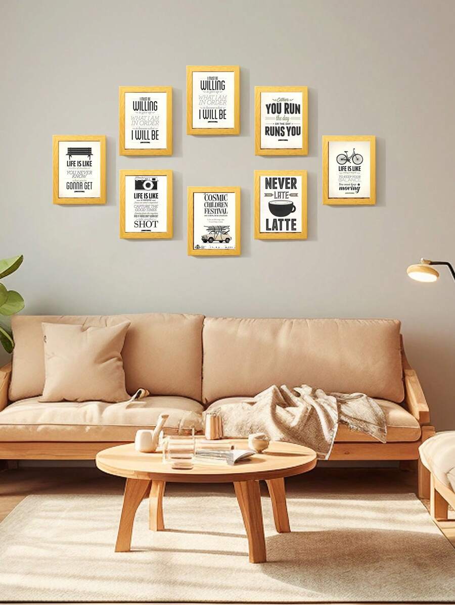 8pcs 7 Inch Photo Frame Wall Set, Plastic Frames With Wood Grain Pattern, High Definition Plastic Cover (Plexiglass), Display 5x7 Inch Pictures, Designed For Vertical And Horizontal Wall Hanging, Wall Decorations For Photos, Paintings, Scenery, Posters, Artworks - Apricot - View 1