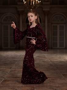 Tween Girls' Bell Sleeve Sequined Mermaid Dress With Rhinestone Belt - Burgundy - View 4