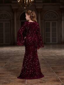 Tween Girls' Bell Sleeve Sequined Mermaid Dress With Rhinestone Belt - Burgundy - View 2