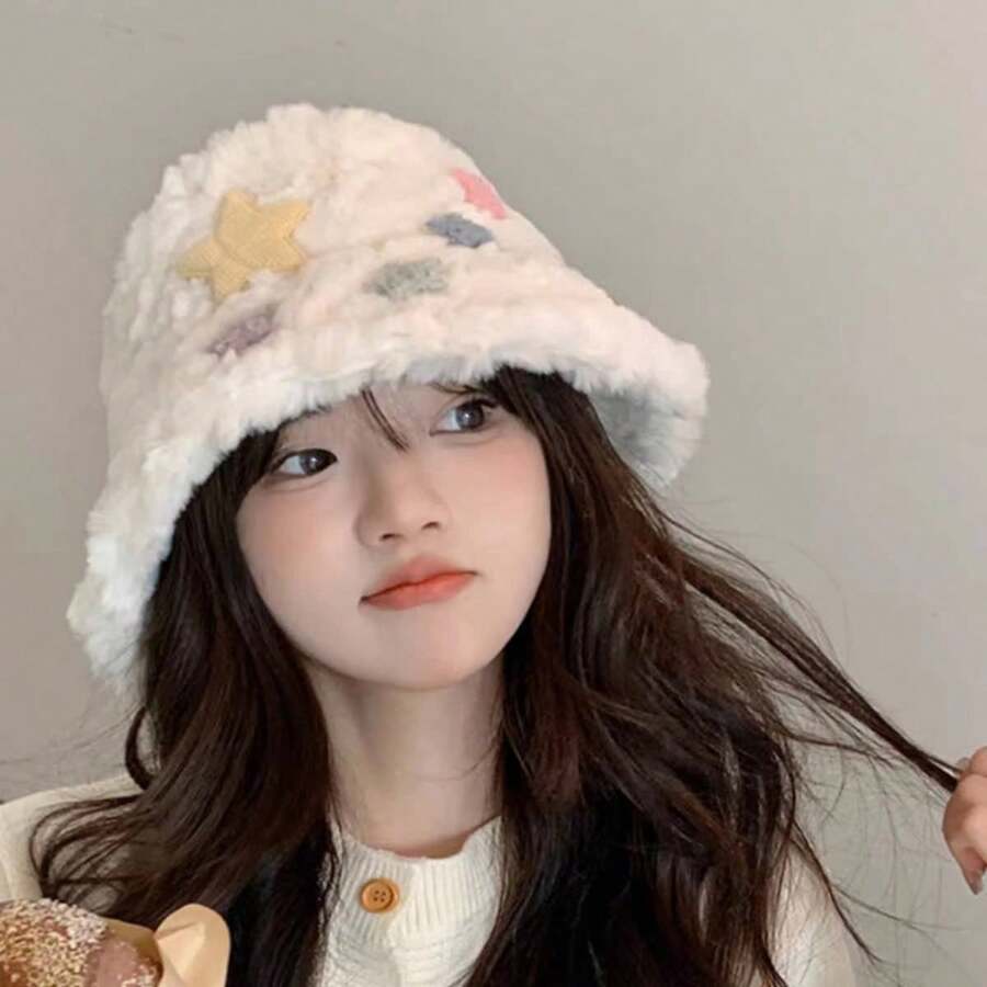 1 Máy Tính Nữ Dày Sang Trọng Nón Với Lông Cừu, Ngôi Sao Trang Trí, mùa Đông Ấm Áp Nón Dễ Thương - trắng - Xem 1