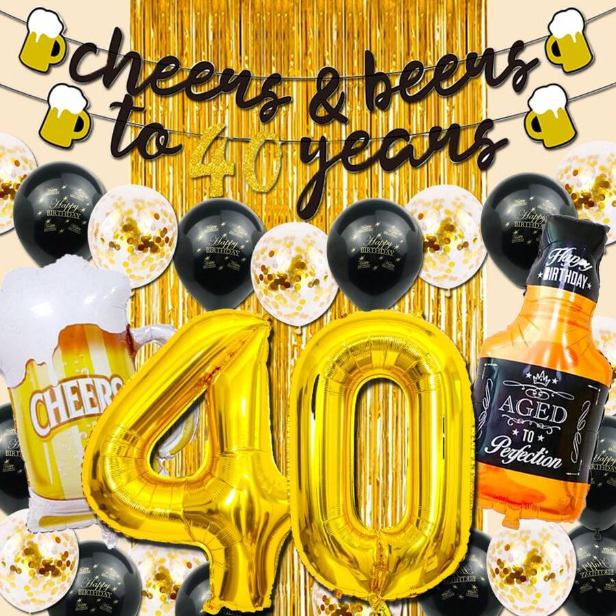 26pcs 40th Birthday Party Decorations For Men And Women, Including: 1 Set Of Gold Number - Black - View 1