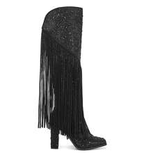 Women's Fringe Rhinestone Cowboy Boots Western Cowgirl Pointed Toe Block High Heel Zipper Knee High Boots For Girl,Party,Dating - màu đen - Xem 1