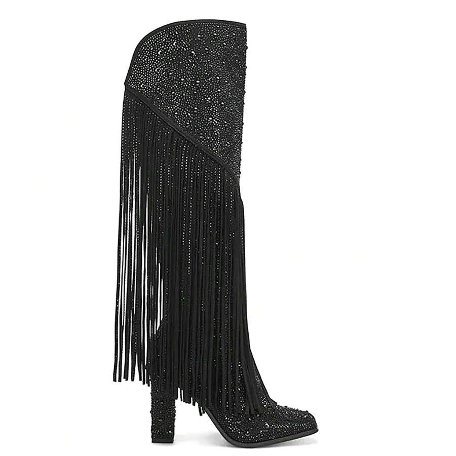 Women's Fringe Rhinestone Cowboy Boots Western Cowgirl Pointed Toe Block High Heel Zipper Knee High Boots For Girl,Party,Dating - màu đen - Xem 1