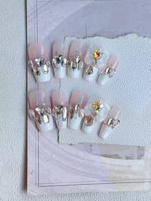 10入組法式風格長款假指甲,帶3d蝴蝶&心型鑽石設計,適用婚禮、聚會、舞會、日常佩戴 - 白色 - 查看 2