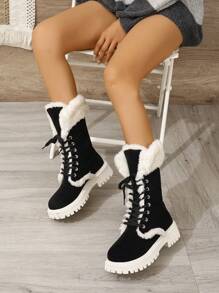 Women's Fashion Winter Snow Boots With Round Toe, Thick Sole, Plain, Warm And Thick, Lace Up Design, Large Sizes (35-43), Black - Black - View 3