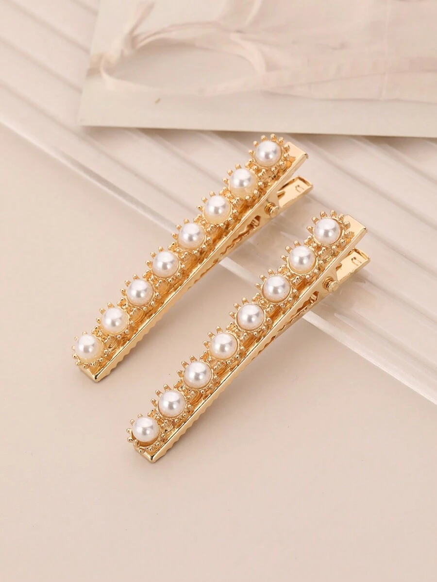 2入組女士髮飾，可愛珍珠裝飾鱷魚夾 - 金色 - 查看 1