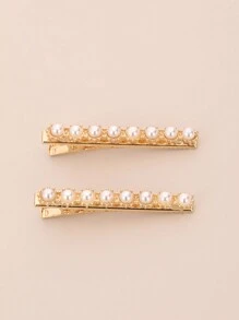 2入組女士髮飾，可愛珍珠裝飾鱷魚夾 - 金色 - 查看 2