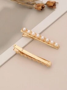 2入組女士髮飾，可愛珍珠裝飾鱷魚夾 - 金色 - 查看 5
