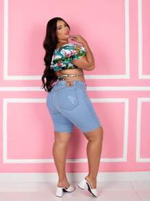 Plus Size Shorts - 藍色 - 查看 2