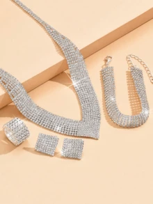 5pcs diamond-plated rhinester necklace bracelet set, elastic ring, suitable for wedding banquet important occasions with evening wear, fashion women's high sense of jewelry set - Silver - View 3