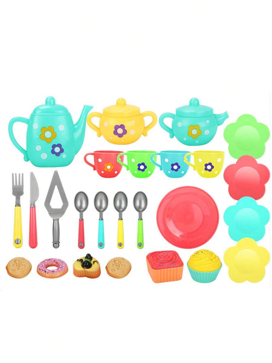 25入組男女孩假裝遊戲茶具玩具,附茶壺、杯子和碟子,廚房遊戲房玩具,生日禮物