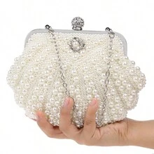 Shell Design Women Evening Bags Beaded Handmade Diamonds Shoulder Messenger Bag Crystal Wedding Evening Bag Beading Necklace Earrings Diamonds Elegant Bracelet Sets Wedding Bridal , Luxury Evening Clutch Bag Set,Glamorous Gift Set For Women - Beige - View 9