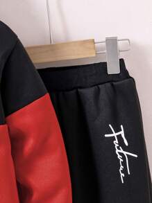 Young Boy Casual Letter Print Color Block Hoodie And Sweatpants Set, Autumn Winter