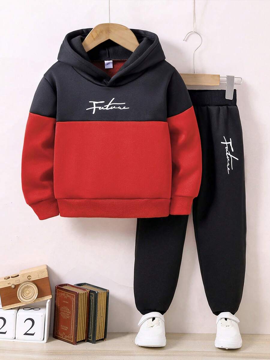 Young Boy Casual Letter Print Color Block Hoodie And Sweatpants Set, Autumn Winter
