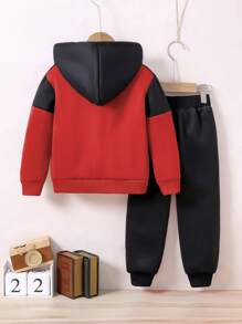 Young Boy Casual Letter Print Color Block Hoodie And Sweatpants Set, Autumn Winter