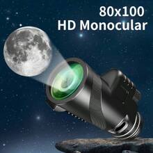【包含手機夾和三腳架】80x100單筒望遠鏡套裝,高清,防水ipx4,支援手機攝影,適用於戶外旅行,露營,狩獵等 - 黑色 - 查看 1