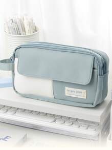 翻蓋鉛筆盒筆袋,三個間隔手提收納袋,適用於文具學校 - 藍色 - 查看 1