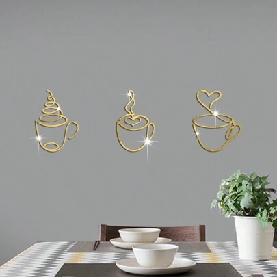 3 st akrylspegelväggklistermärken inklusive koppdesign med logotyp, vattentäta, för kafé, bar, terum väggdekoration, klistermärken, väggdekaler, vinyldekaler för heminredning, vårdekorationsartiklar förnya ditt hem, festivaldekorationsklistermärken presenter födelsedag examen rumsdekor väggspegel spegel för rum badrumsdekor vardagsrumsdekor