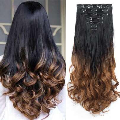雙色漸變7入組合成纖維長波浪髮片,附有16個夾子,長度為22英寸,天然耐熱,適合節日和日常穿著