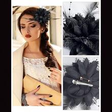 黑色新娘羽毛頭飾,附髮夾、胸針和腕帶裝飾品,適合日常佩戴和舞台表演 - 黑色 - 查看 4