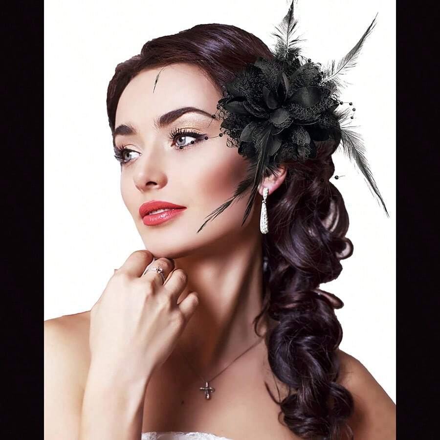 黑色新娘羽毛頭飾,附髮夾、胸針和腕帶裝飾品,適合日常佩戴和舞台表演 - 黑色 - 查看 1