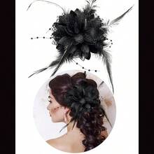 黑色新娘羽毛頭飾,附髮夾、胸針和腕帶裝飾品,適合日常佩戴和舞台表演 - 黑色 - 查看 3