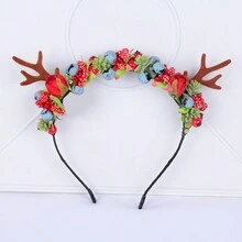 1 件女士手工制作红色森系人造花和云莓圣诞发带，带鹿角装饰，派对和摄影配件，礼物