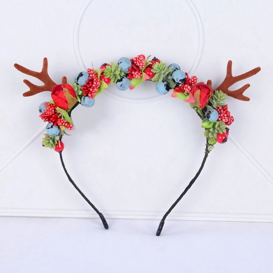 1 件女士手工制作红色森系人造花和云莓圣诞发带，带鹿角装饰，派对和摄影配件，礼物