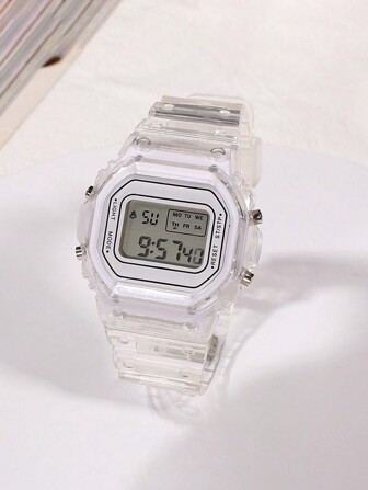 1pc Kids Clear Silicone Strap Sporty Luminous Square Dial Electronic Watch, For Daily Life