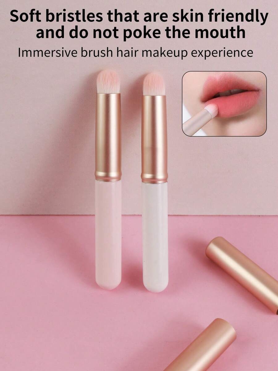 2pcs Portable Lip Brush With Cap, Round Head Lipstick Brush, Mini Short Handle Cosmetic Brush For Travel, Professional Contour Brush - Multicolor - View 1