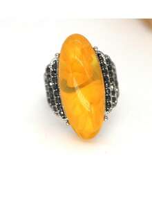Retro Palace Style Amber & Diamond Decorated Index & Middle Finger Statement Ring - Yellow - View 3