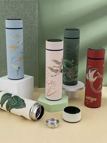 1 pieza Termo de acero inoxidable de 500ml con diseño de grulla, montaña y loto estilo pintura china, con pantalla de temperatura y función de taza inteligente - Verde Oliva - Ver 3