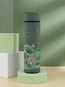 1 pieza Termo de acero inoxidable de 500ml con diseño de grulla, montaña y loto estilo pintura china, con pantalla de temperatura y función de taza inteligente - Verde Oliva - Ver 6