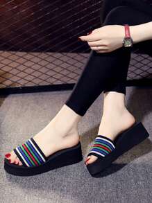 Dép tăng chiều cao đế dày cho nữ, Dép đế xuồng Colorblock, Giày đi biển cho nữ - Màu xanh lam - Xem 2