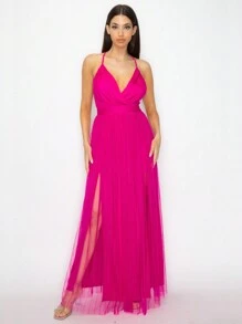 Vestido largo de fiesta con escote, espalda cruzada y abertura - Rosa Fucsia - Ver 1