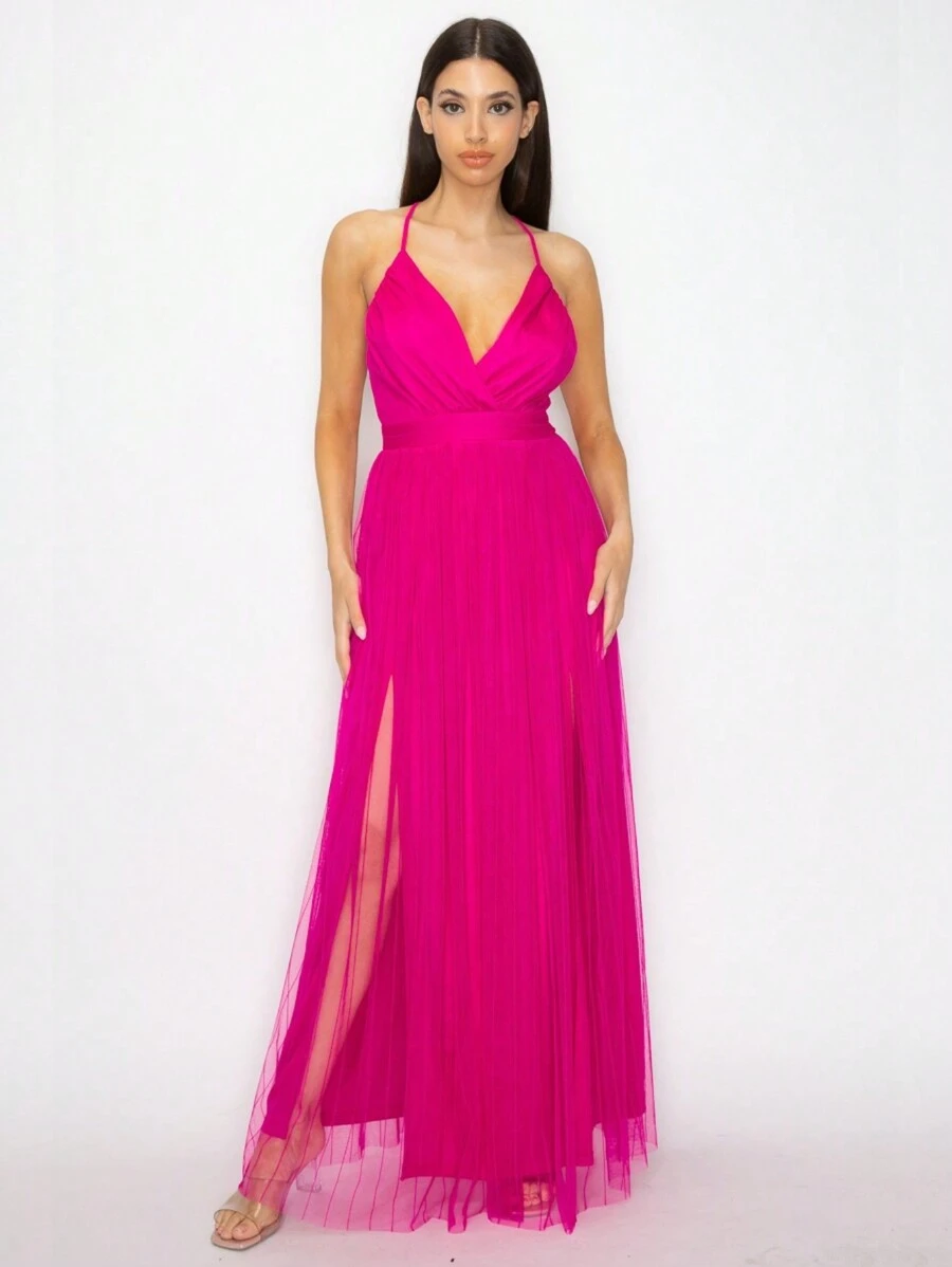 Vestido largo de fiesta con escote, espalda cruzada y abertura - Rosa Fucsia - Ver 1