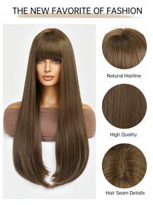 Black Long Straight Wigs For Women, Natural Black Synthetic Wigs With Bangs, Elegant Beautiful Natural Looking Heat Resistant Synthetic Wig Daily Party Use - 亞麻棕 - 查看 5