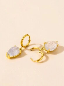 1 đôi Thanh tú & Sang trọng Thép không gỉ Nhẫn Dangle Hoa tai Với Đồng & Khối Zirconia  & Giọt nước mắt Đá tự nhiên - Vàng - Xem 4