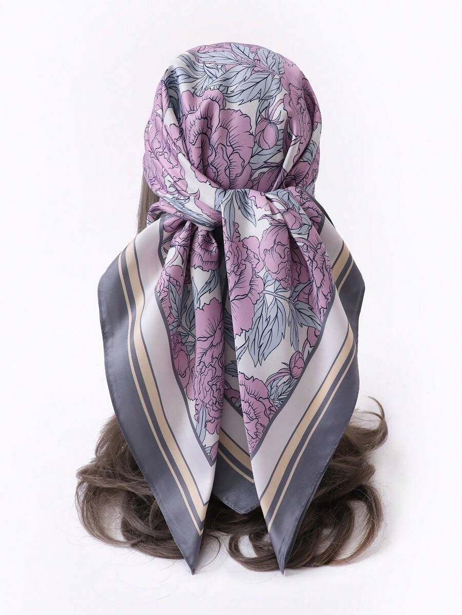 1條女士仿真絲斜紋印花時尚百搭絲巾方巾包頭巾髮飾裝飾圍巾戶外沙灘巾日常穿搭絲巾