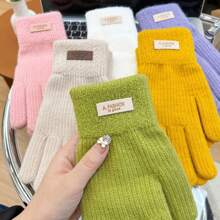 1 双针织保暖手套，适合学生和女士秋冬季，防风加厚衬里，露指，触摸屏，适合骑自行车 - 米色 - 查看 6