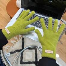 1 双针织保暖手套，适合学生和女士秋冬季，防风加厚衬里，露指，触摸屏，适合骑自行车 - 米色 - 查看 11