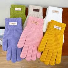 1 双针织保暖手套，适合学生和女士秋冬季，防风加厚衬里，露指，触摸屏，适合骑自行车 - 米色 - 查看 8