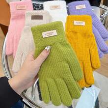 1 双针织保暖手套，适合学生和女士秋冬季，防风加厚衬里，露指，触摸屏，适合骑自行车 - 米色 - 查看 3