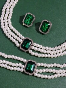 4 cái/bộ Tiếng Pháp Thanh lịch Nhiều lớp Ngọc trai Giả Đá quý Dây chuyền Vòng tay Bộ bông tai - màu xanh lá - Xem 6