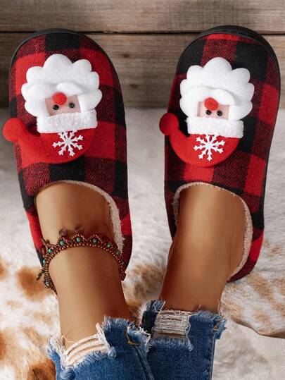 女性聖誕主題畫翻毛皮紅色方塊柔軟保暖防滑底翻毛皮拖鞋，平底柔軟底家居鞋，聖誕主題設計，適合女孩，學生，宿舍，臥室，庭院，辦公室，適合冬天，春天，秋天穿著，購物，外出，室內和室外著裝